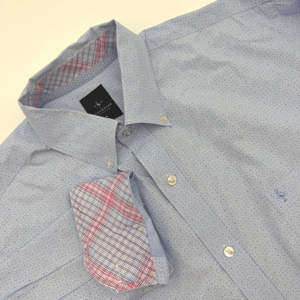 Tailorbyrd Mens XL Blue Geometric Print Cotton Button Down Shirt Flamingo‎ Logo